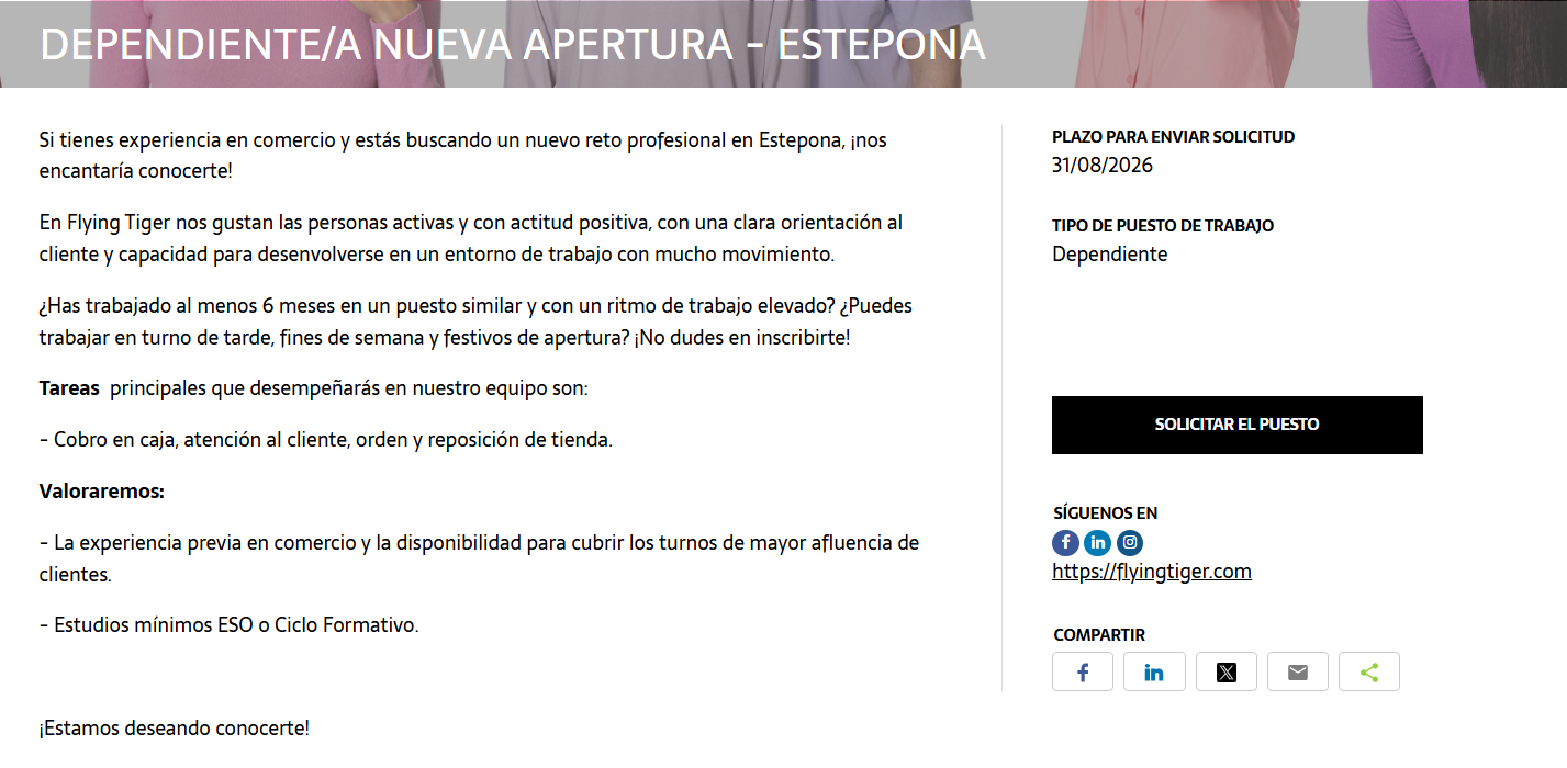 Descripción de oferta de empleo de Flying Tiger