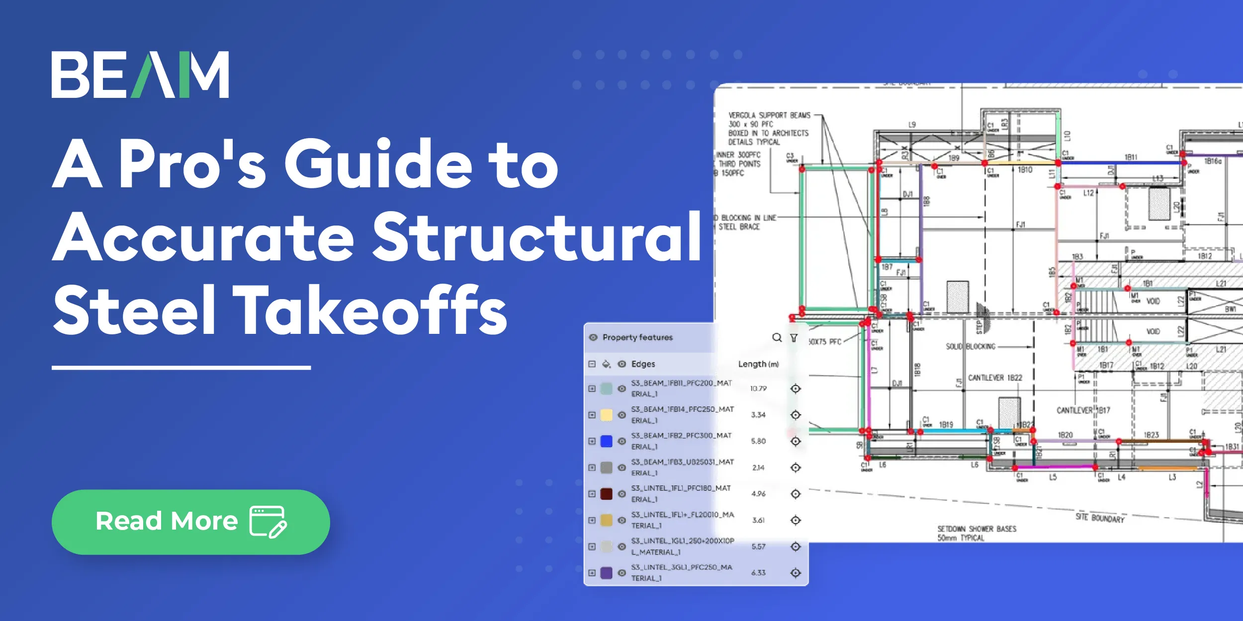 BEAM image titled "A Pro's Guide to Accurate Structural Steel Takeoffs" with a structural drawing and steel takeoff details.