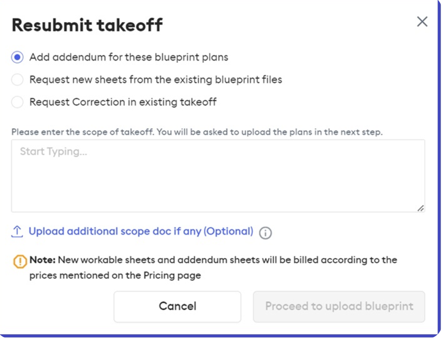 resubmit takeoff addendums
