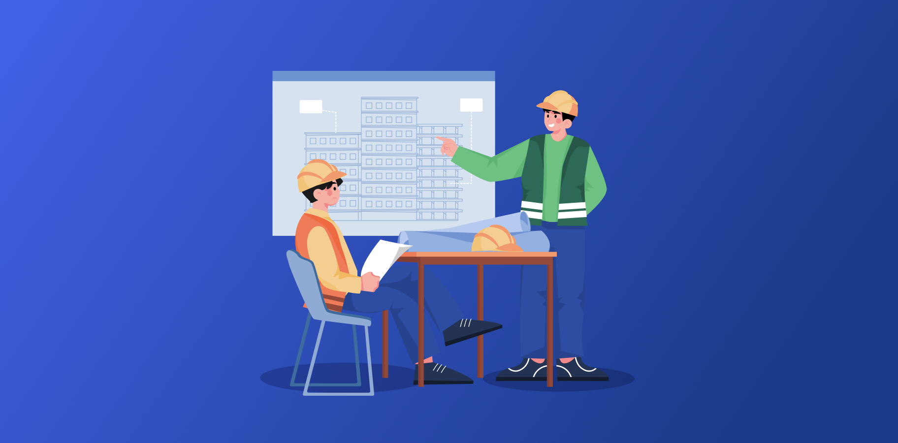 Two construction workers discussing contracts at a table with project plans, highlighting types of construction contracts in projects.