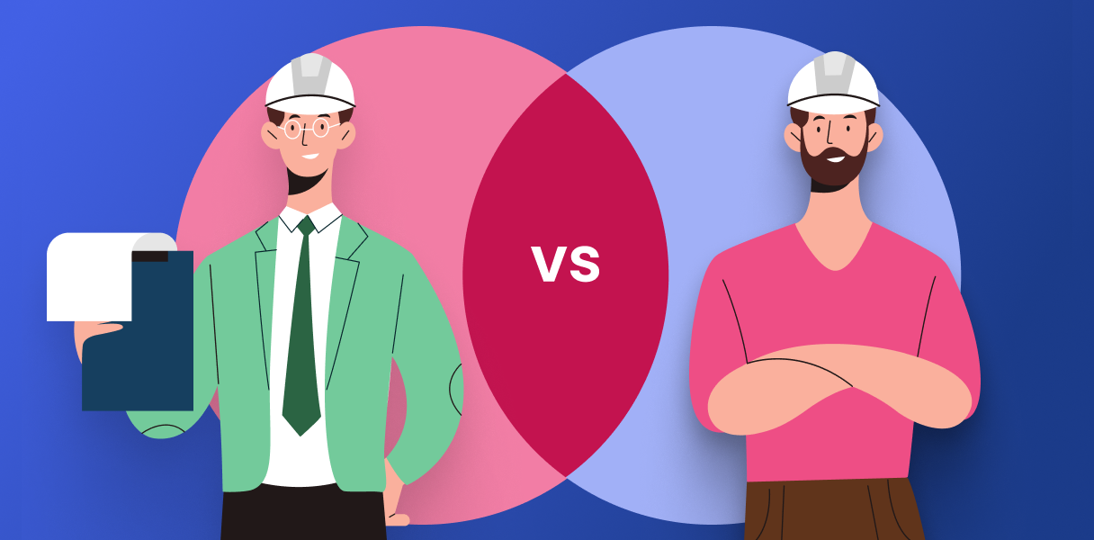 Illustration of a project manager and project engineer, with overlapping circles, comparing their construction roles and responsibilities.