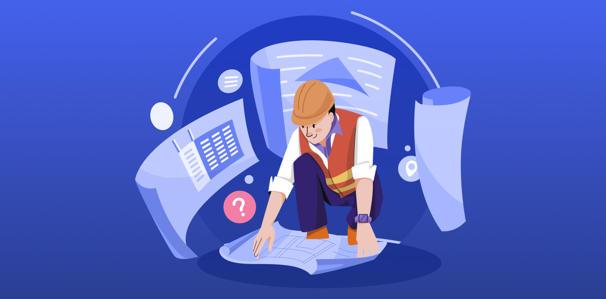 Illustration of a contractor reviewing blueprints on the floor, symbolizing the differences between BOQ and cost estimating tasks.