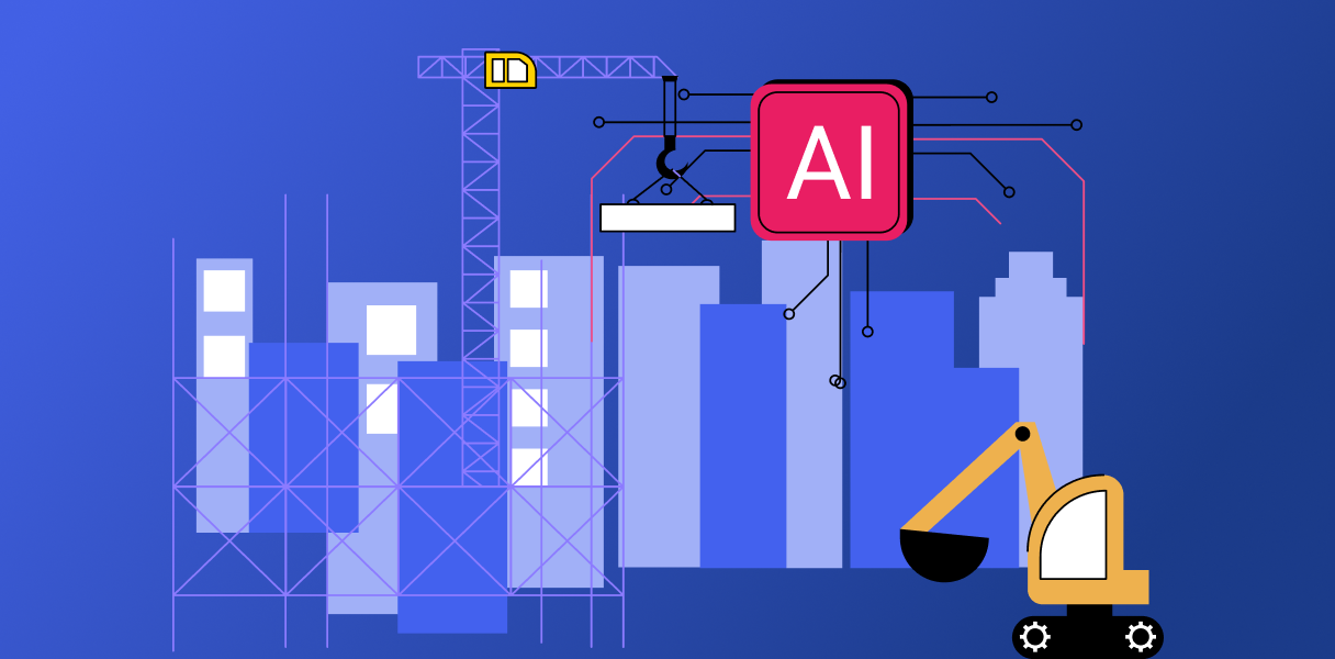 Illustration of city construction site with a crane and excavator, highlighting AI technology in construction takeoff and estimating.