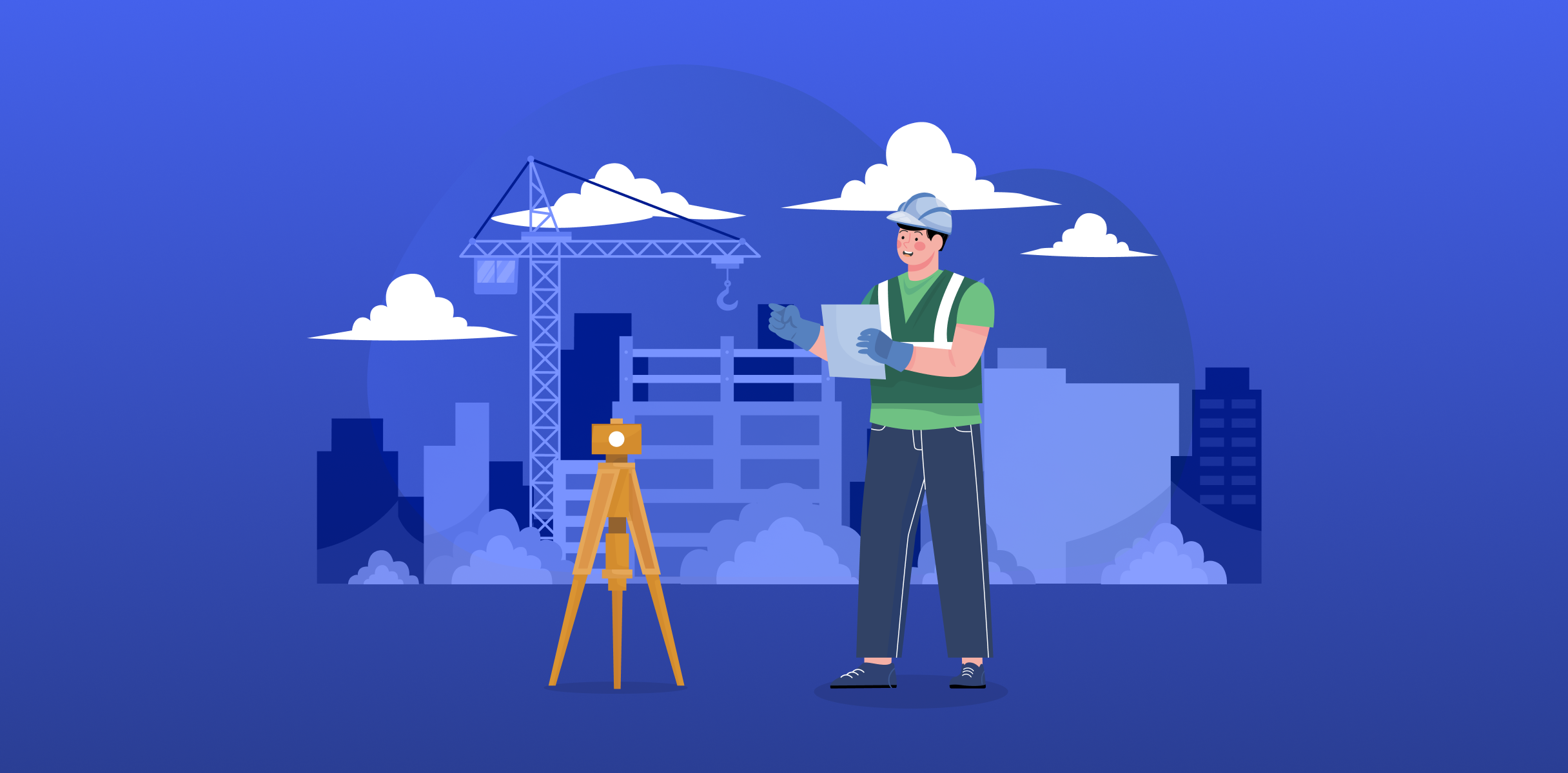 Illustration of a site surveyor with equipment and construction cranes, representing the site survey process in construction.