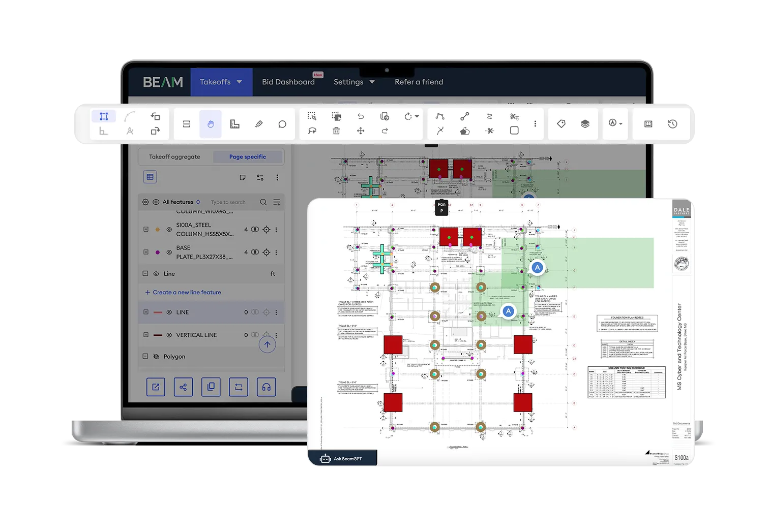 Beam AI editing toolbar for construction takeoff software displayed over a digital plan, with users enabled to select, modify, and drag vertices to adjust lines and polygons—streamlining the editing of existing measurement features for precise, custom takeoff results.