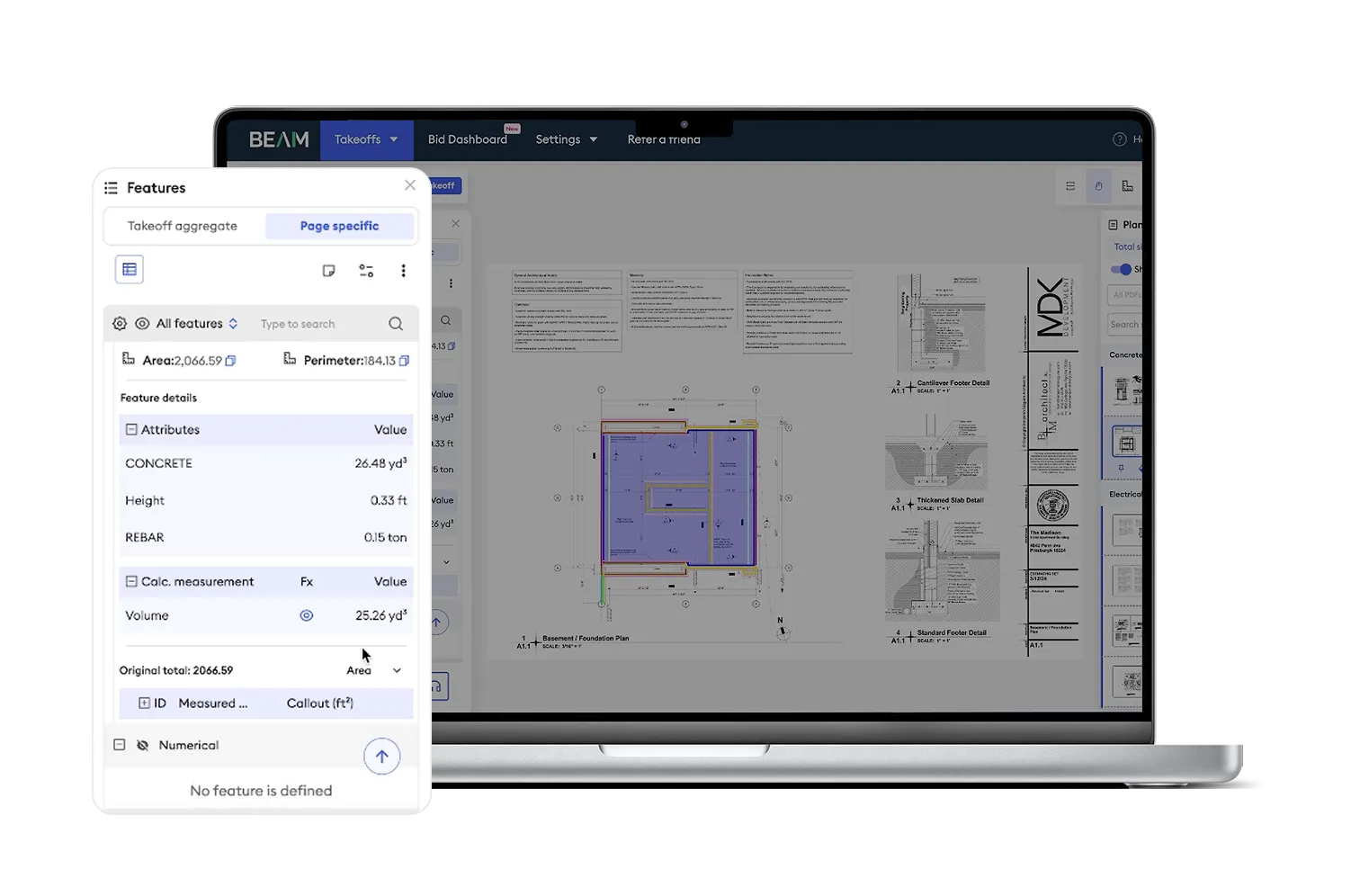 Beam AI auto-calculated measurement panel displaying custom attribute fields like concrete volume, slab height, and rebar weight derived live; measurement values update instantly based on user edits, enhancing accuracy and reducing manual calculation time.
