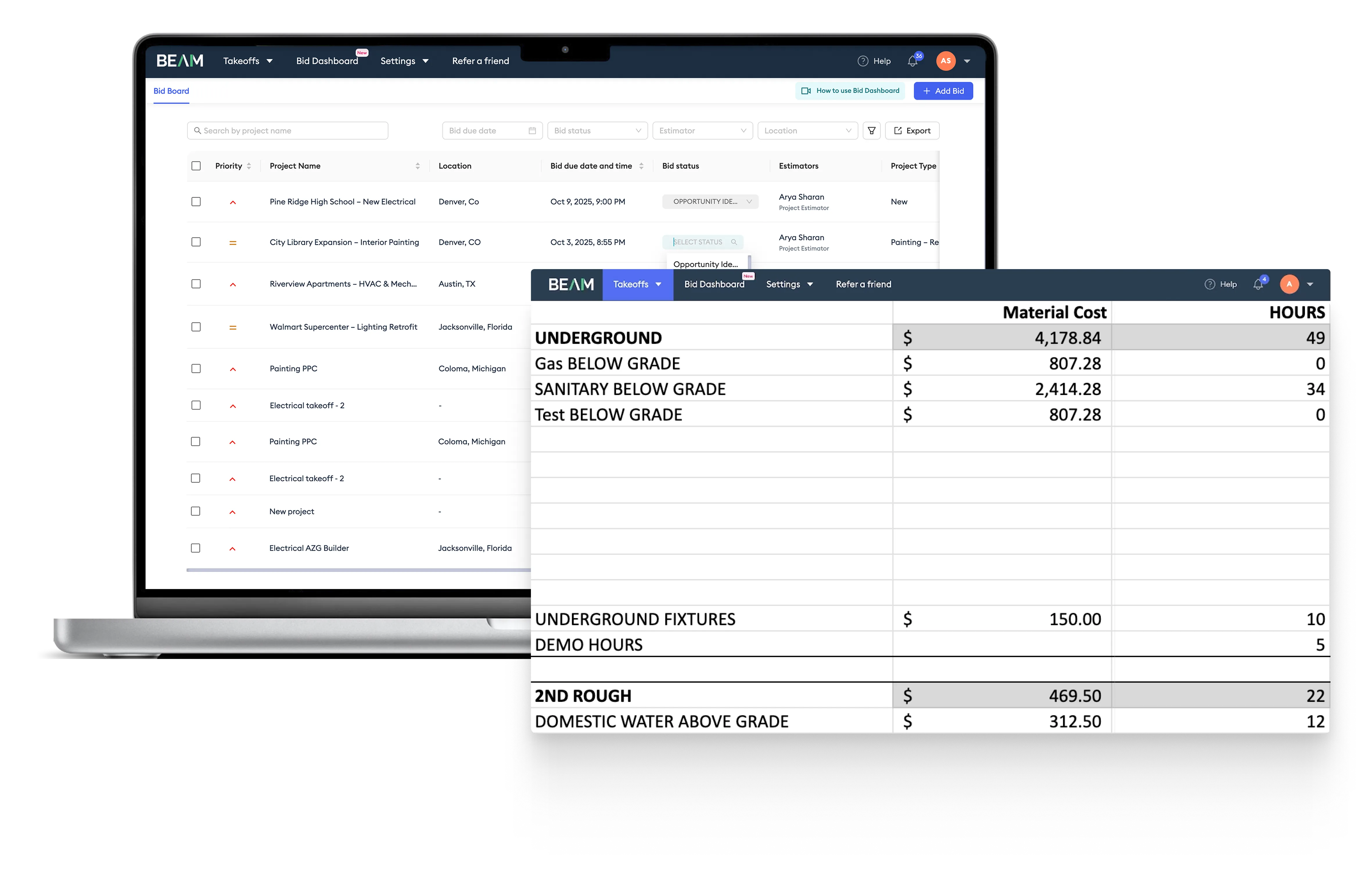 Beam AI Bid Dashboard displaying a unified interface to view all bids by project name, location, status, priority, due date, and estimator, with integrated addenda, RFIs, and ITBs tracking; inset shows detailed project view with bid value, timeline, scope, client details, and estimating team.