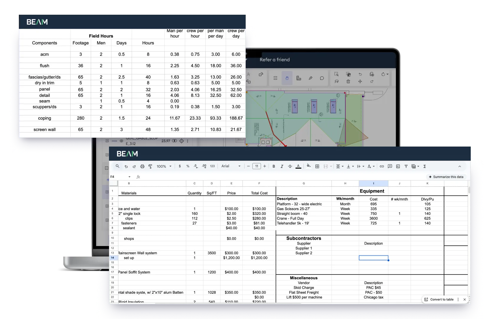 Beam AI Bid Dashboard displaying a unified interface to view all bids by project name, location, status, priority, due date, and estimator, with integrated addenda, RFIs, and ITBs tracking; inset shows detailed project view with bid value, timeline, scope, client details, and estimating team.