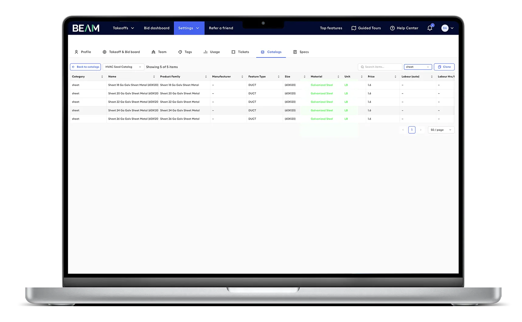 Beam AI Bid Dashboard displaying a unified interface to view all bids by project name, location, status, priority, due date, and estimator, with integrated addenda, RFIs, and ITBs tracking; inset shows detailed project view with bid value, timeline, scope, client details, and estimating team.