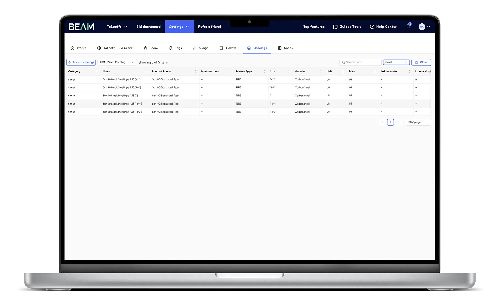 Beam AI Bid Dashboard displaying a unified interface to view all bids by project name, location, status, priority, due date, and estimator, with integrated addenda, RFIs, and ITBs tracking; inset shows detailed project view with bid value, timeline, scope, client details, and estimating team.