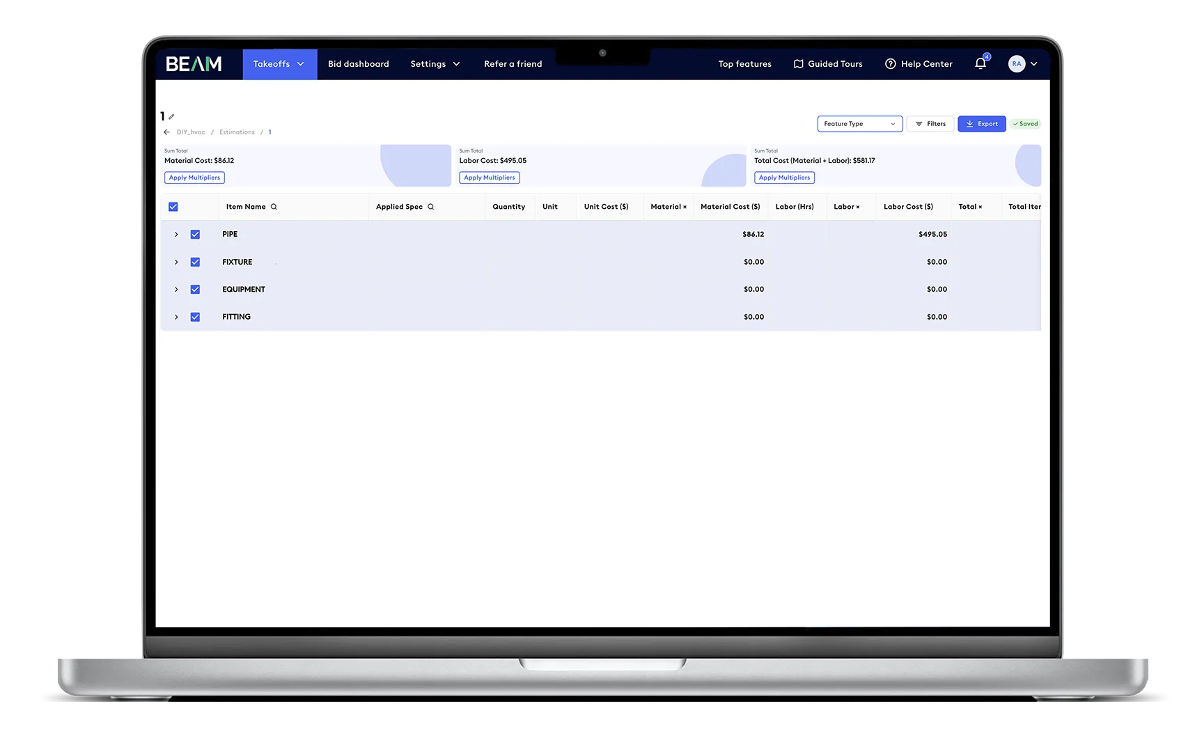 Beam AI Bid Dashboard displaying a unified interface to view all bids by project name, location, status, priority, due date, and estimator, with integrated addenda, RFIs, and ITBs tracking; inset shows detailed project view with bid value, timeline, scope, client details, and estimating team.