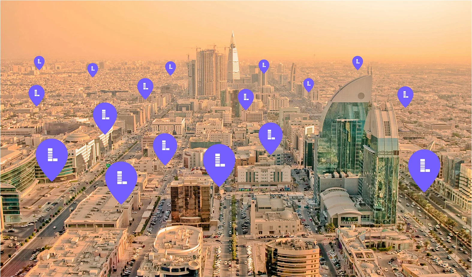 A city map with Llama Box markers