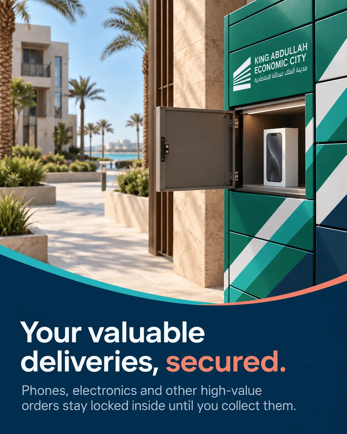 A secure KAEC-branded smart locker holding a valuable delivery