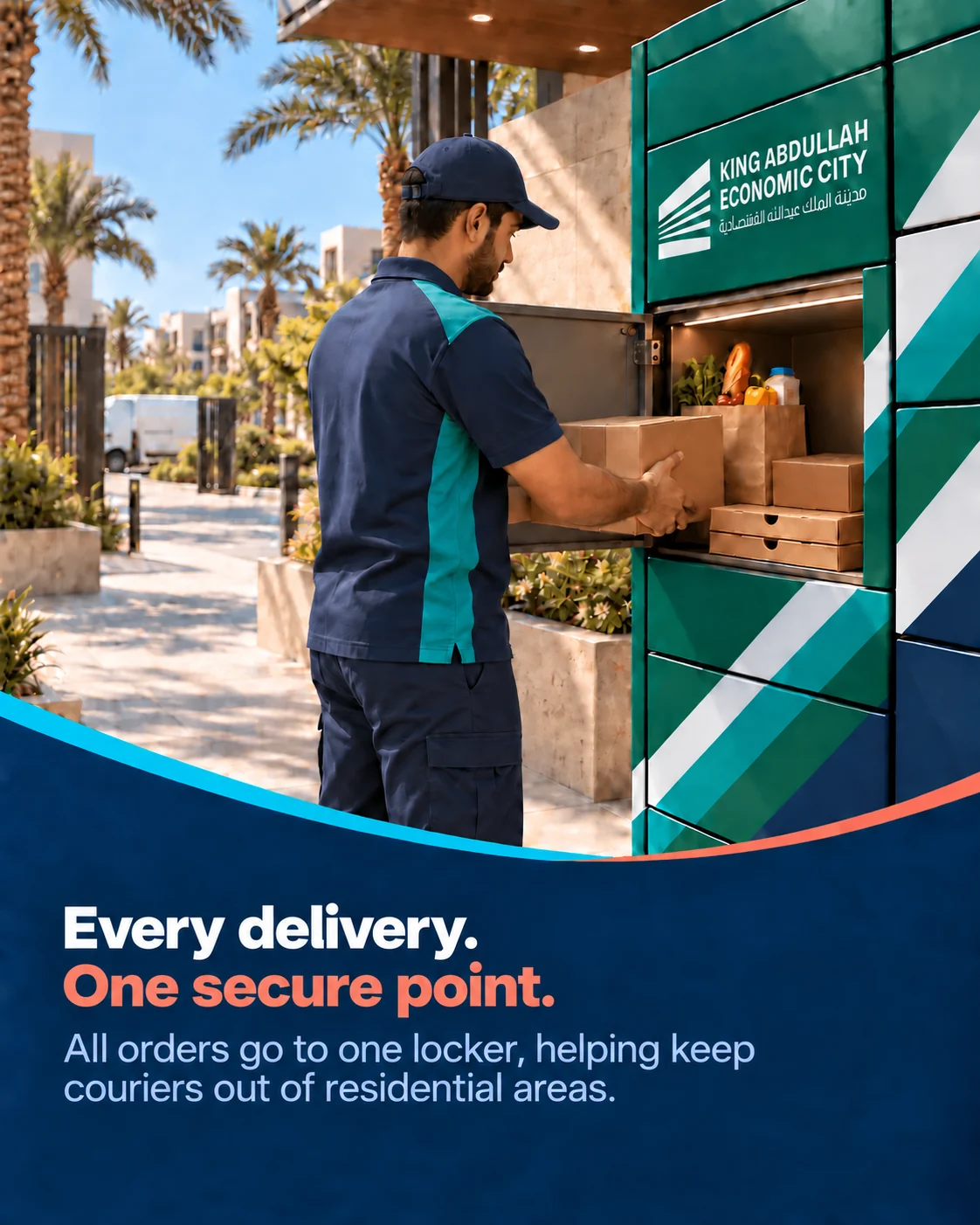 A courier placing an order into a secure KAEC smart locker delivery point