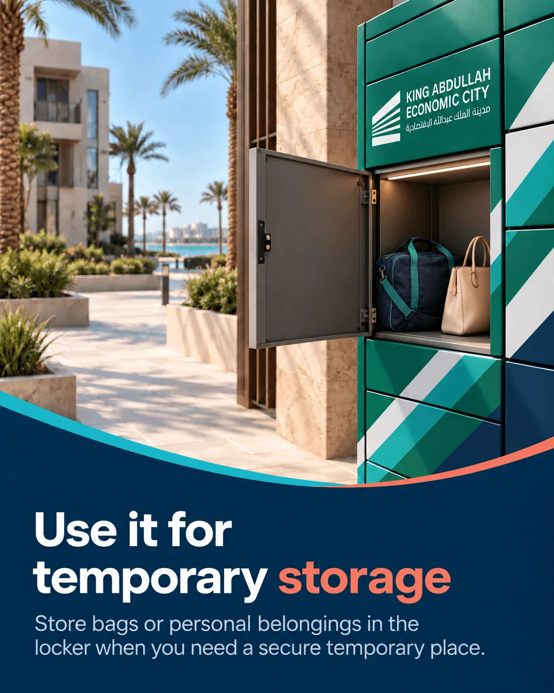 A sports bag and handbag stored inside a KAEC smart locker