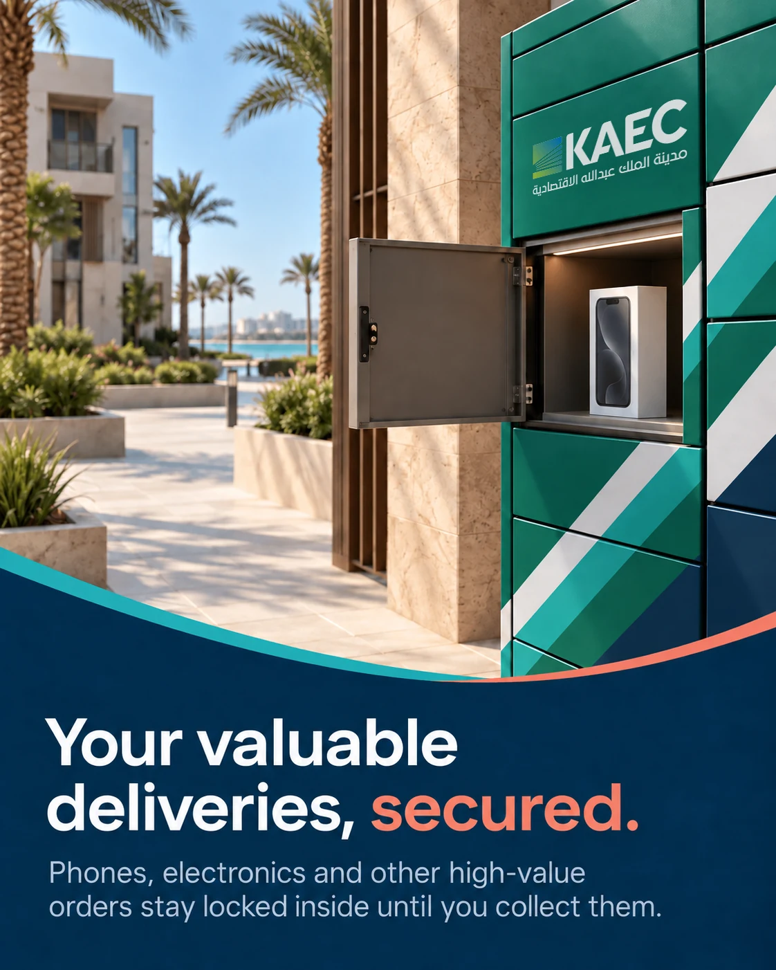 A secure KAEC-branded smart locker holding a valuable delivery