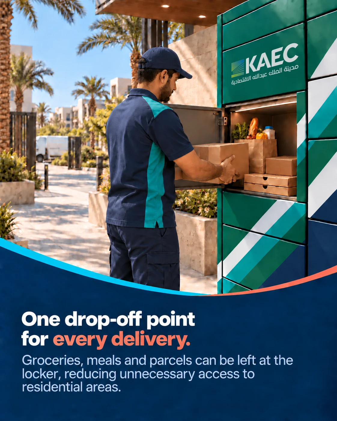 A courier placing an order into a secure KAEC smart locker delivery point