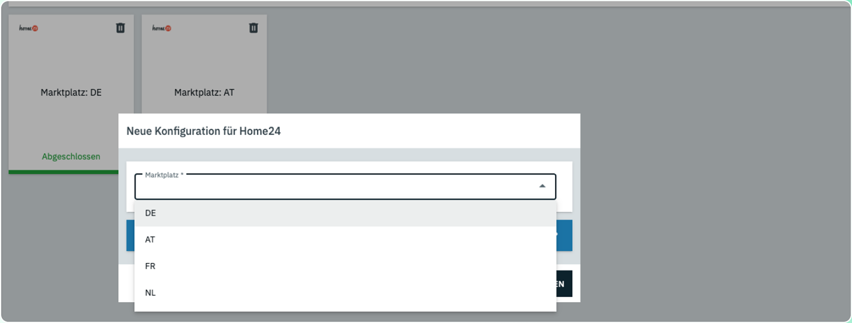 Example view: Setting up marketplace country shops in PlentyONE