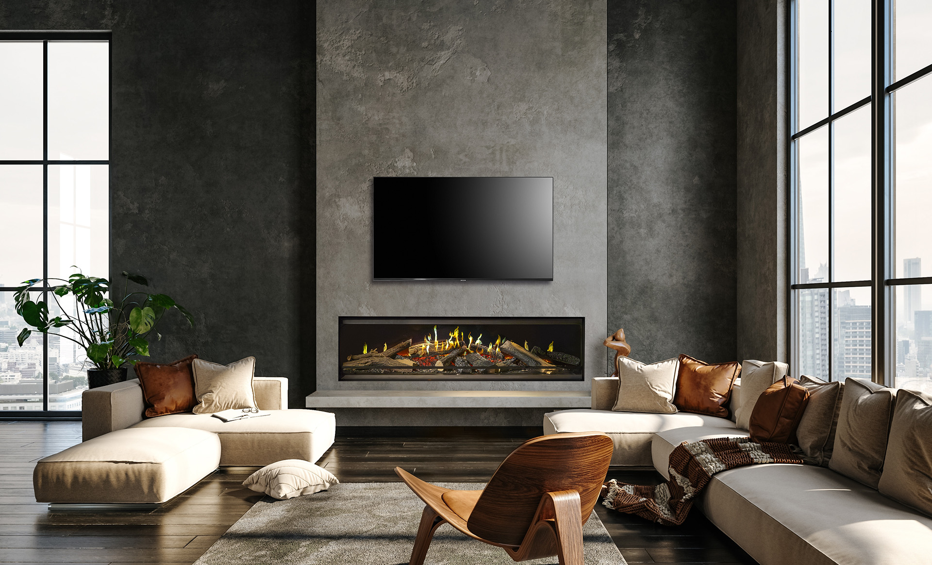 Striking urban living room showcasing a floor-to-ceiling concrete fireplace wall with a widescreen linear electric fireplace and mounted flat-screen TV. Surrounded by towering windows and flooded with natural light, this luxurious loft-style space features a U-shaped cream sectional, rich wood accents, and warm leather cushions—merging industrial aesthetics with cozy sophistication.