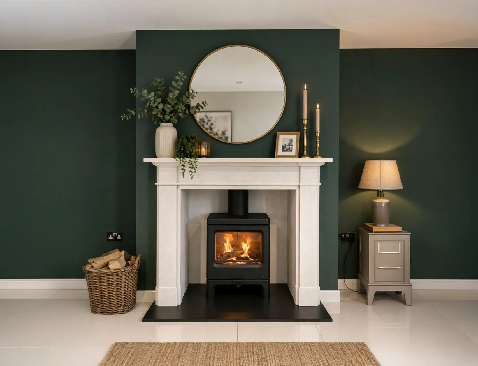 Modern fireplace with a burning stove, round mirror, candles, and plants on dark green walls.