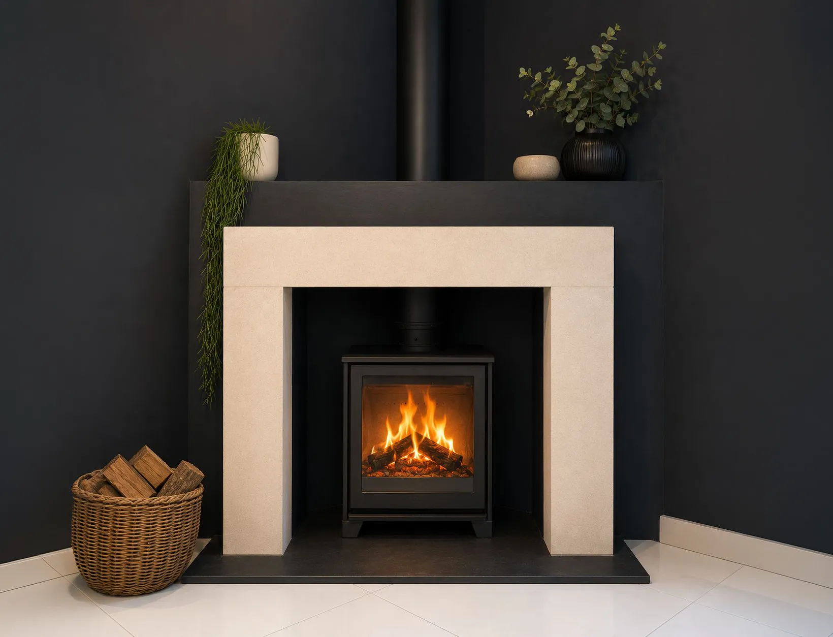 Modern black wood stove with fire inside set in beige stone fireplace with plants and basket of firewood.