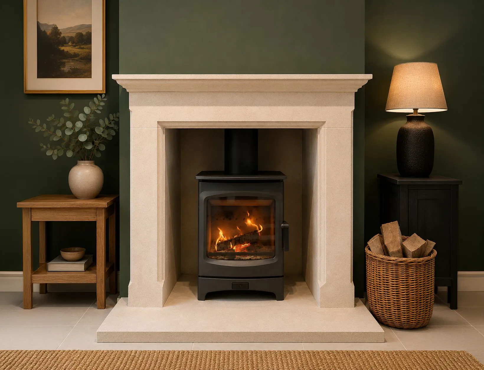 Lit wood stove inside beige stone fireplace with wooden tables, lamp, basket of firewood, and green walls.