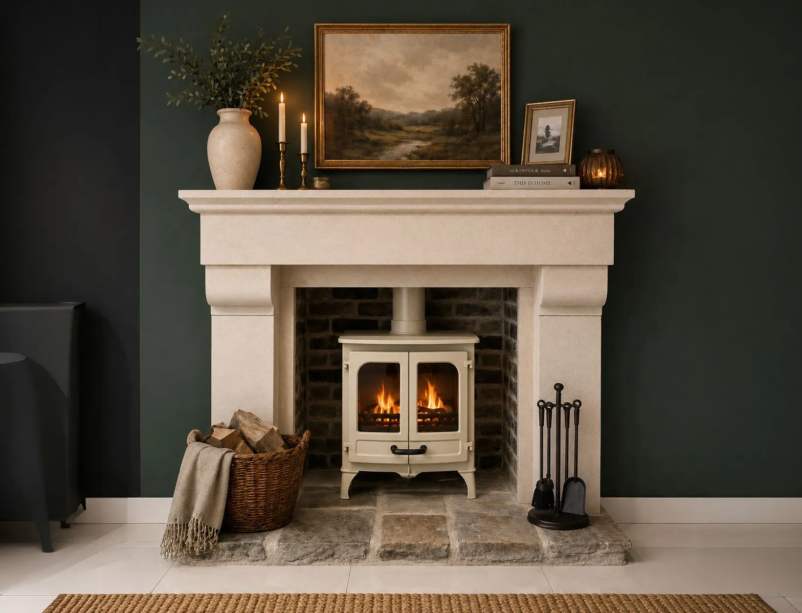 Cozy fireplace with a lit stove, basket of wood, tools, candles, vase, books, and landscape painting above.