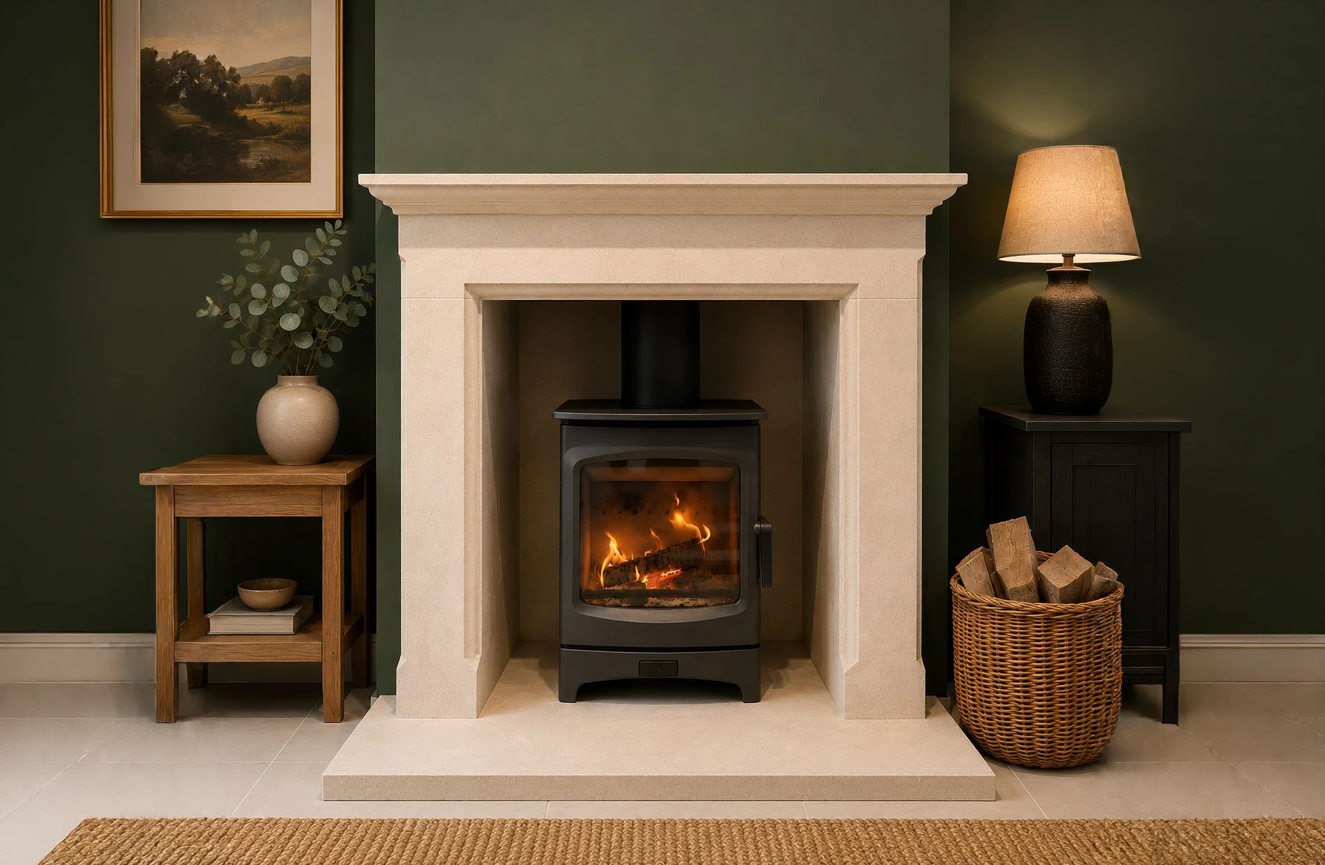 Cozy fireplace with a burning fire, flanked by a wooden table with a vase and a lamp with a wicker basket of firewood.
