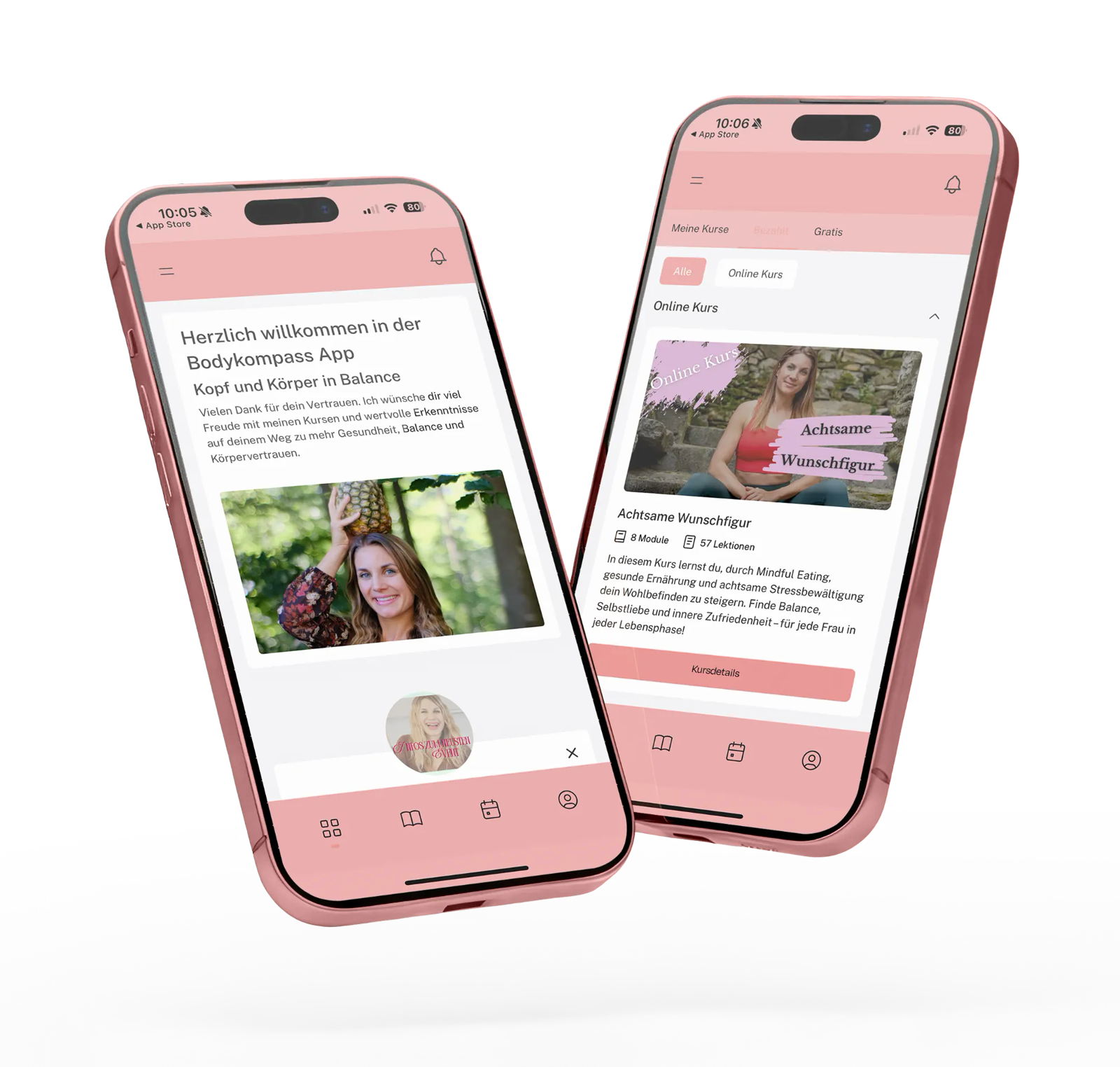 Bodykompass App auf zwei iPhones mit Kursen und Begrüssung