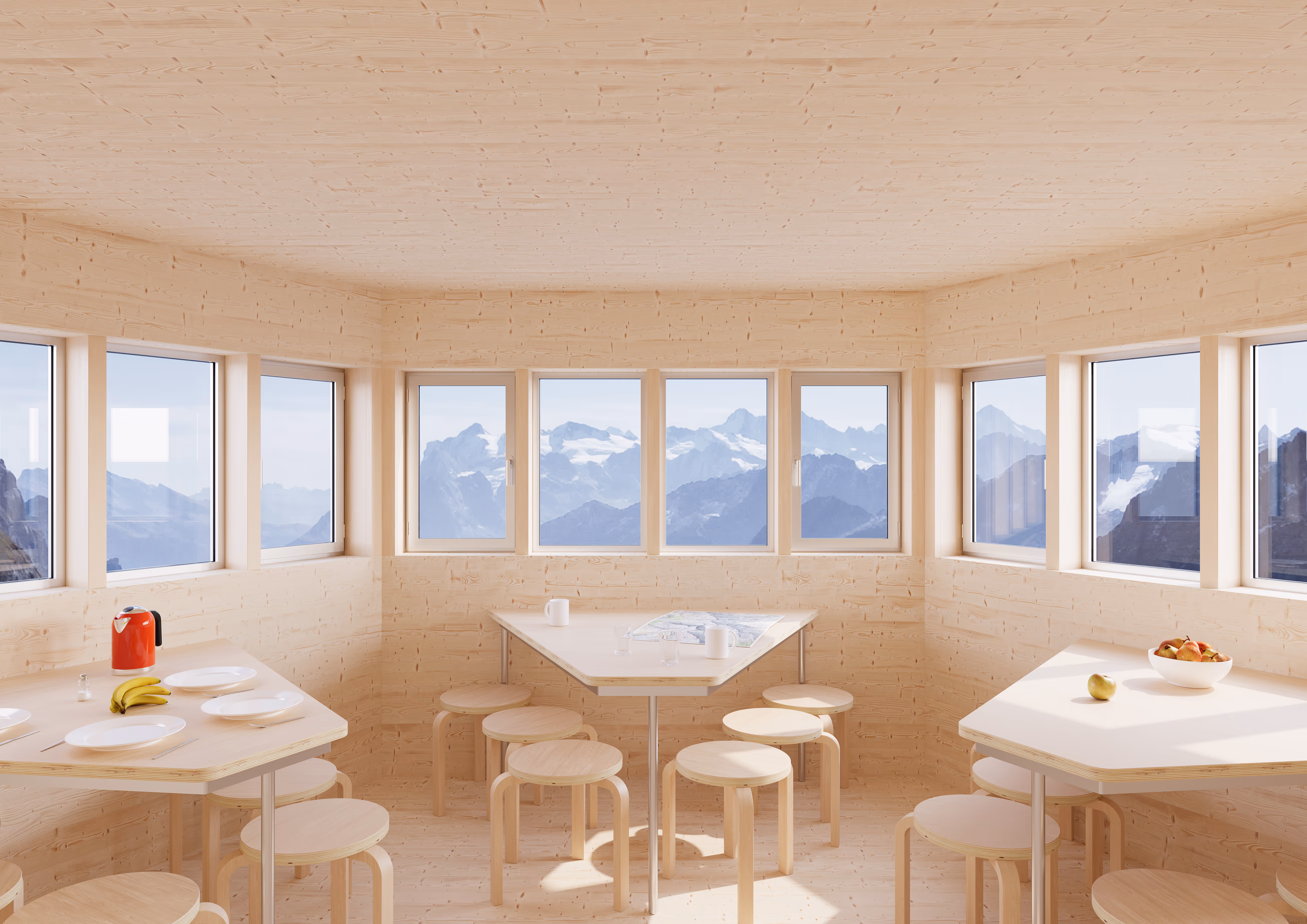 Rendering Innenraum Erneuerung Grassenbiwak SAC, Tierberg 'Up'