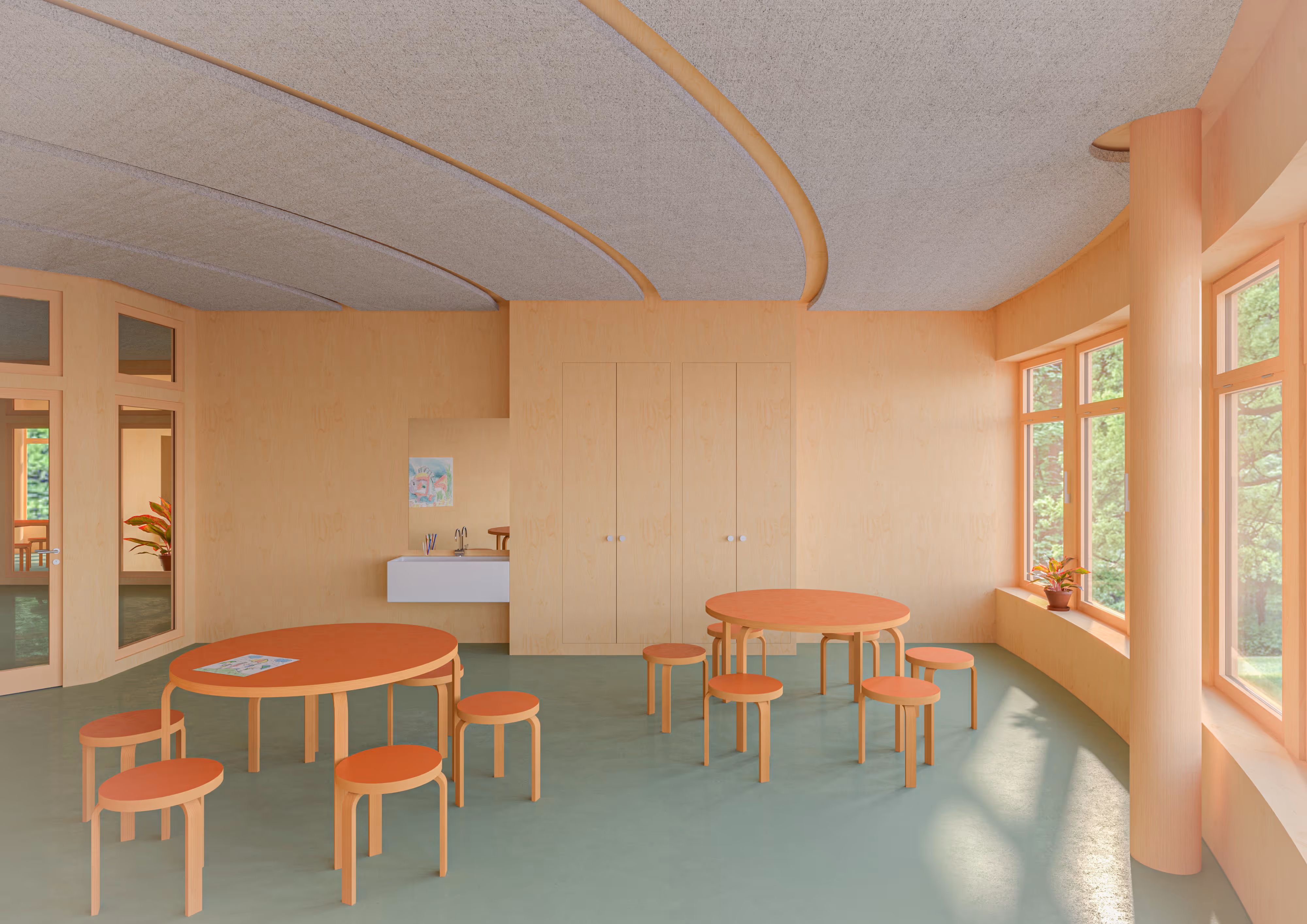 Rendering Innenraum Tagesbetreuung Boppartshof, St.Gallen 'Schneggehuus'