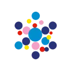 Palette de couleurs abstraites avec des cercles et des formes en bleu, jaune, rose, rouge et noir.