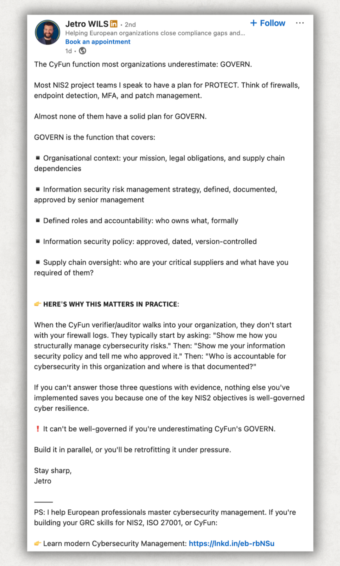 https://www.linkedin.com/posts/jetrow_the-cyfun-function-most-organizations-underestimate-activity-7495782936634441728-YiCf?utm_source=share&utm_medium=member_desktop&rcm=ACoAACrSVj4Brn44z8_gZKNhTYgvLPU_FoClvr4