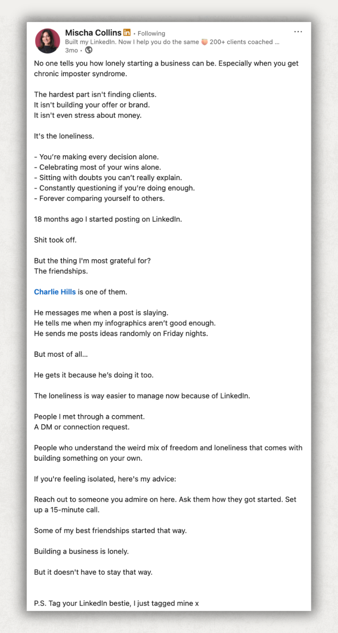 linkedin-post-example-candid-advice-mischa-collins
