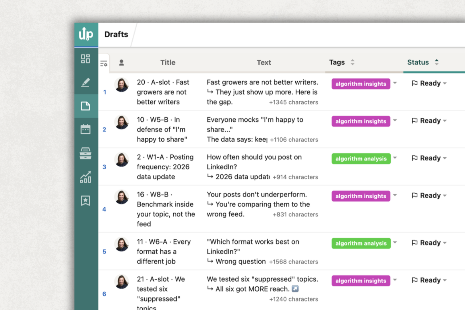AuthoredUp Drafts holding several written LinkedIn post ideas