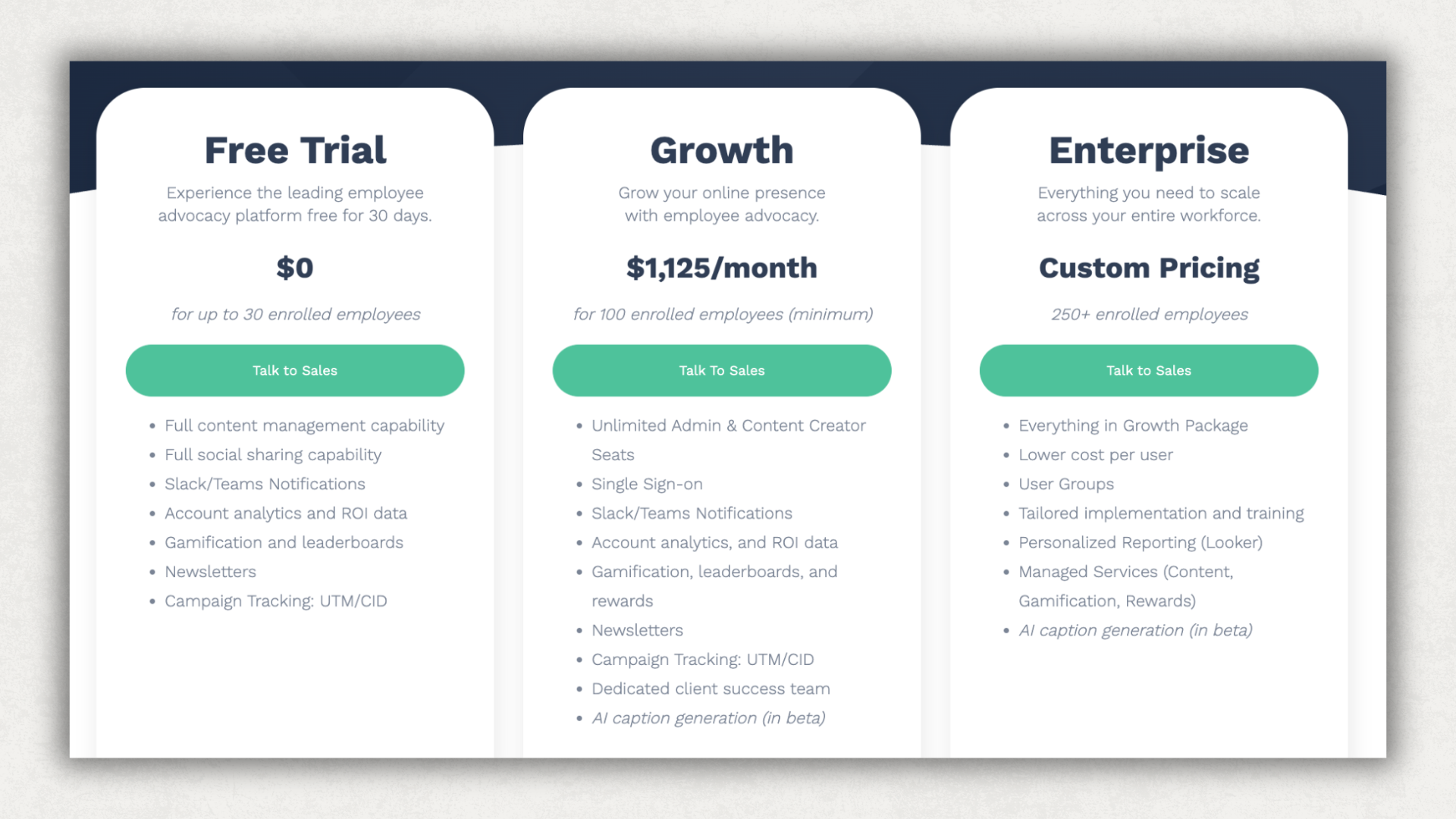 PostBeyond pricing page showing a 30-day free trial, a $1,125 per month Growth plan, and custom Enterprise pricing