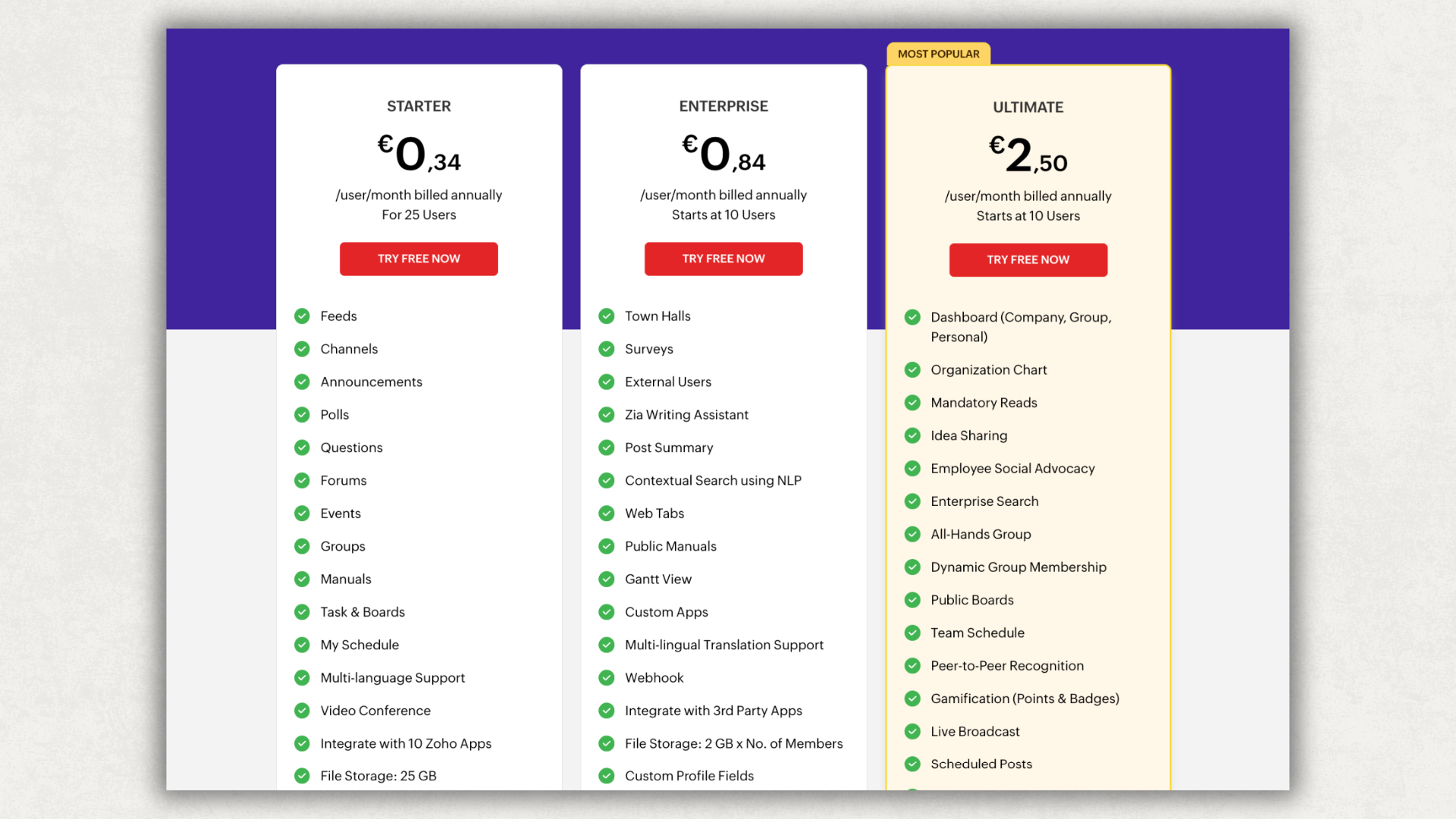 Zoho Social pricing page showing free, Starter, Enterprise and Ultimate plans alongside Agency tiers