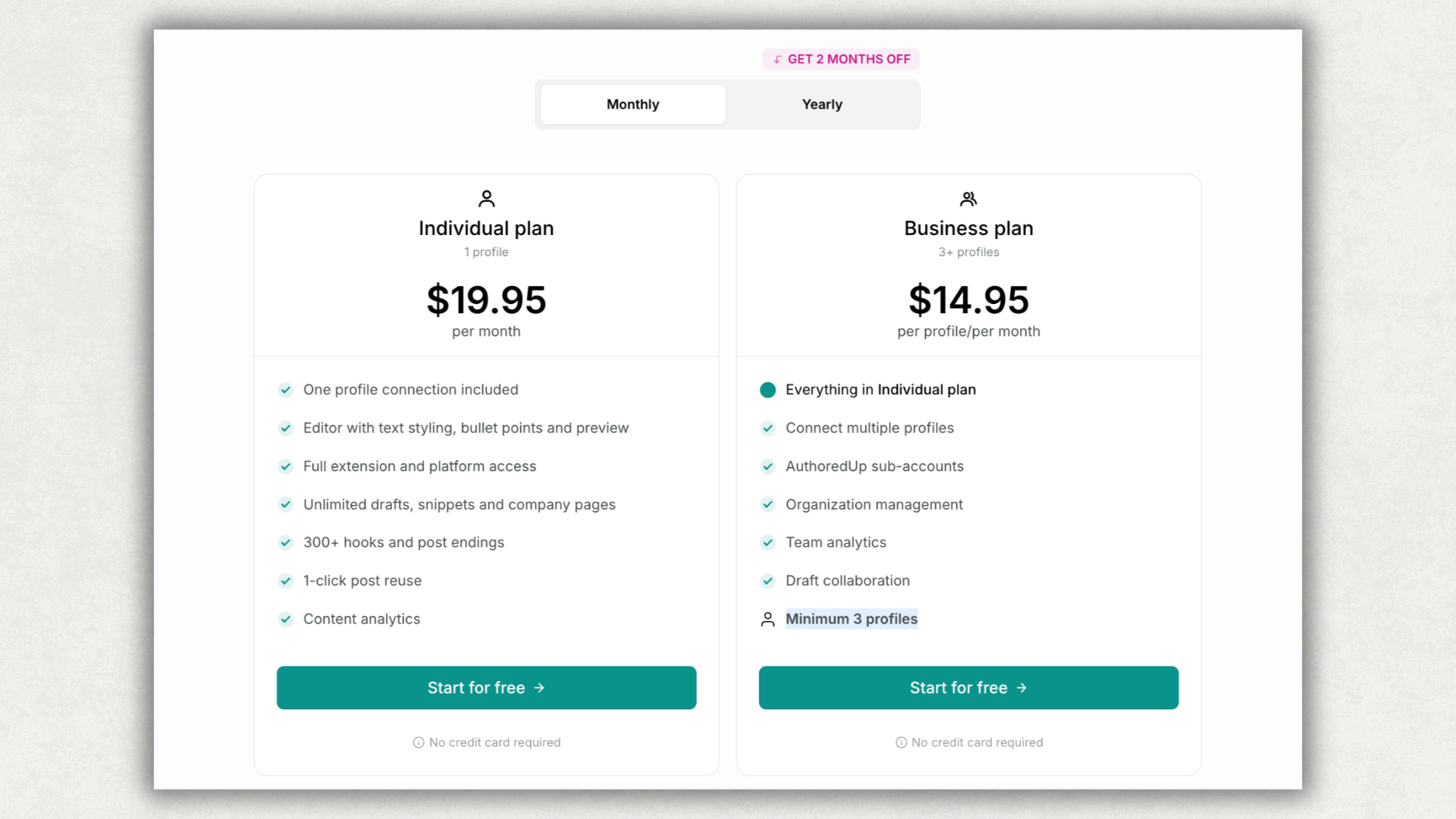 AuthoredUp pricing showing Individual at $19.95 per month and Business at $14.95 per profile per month