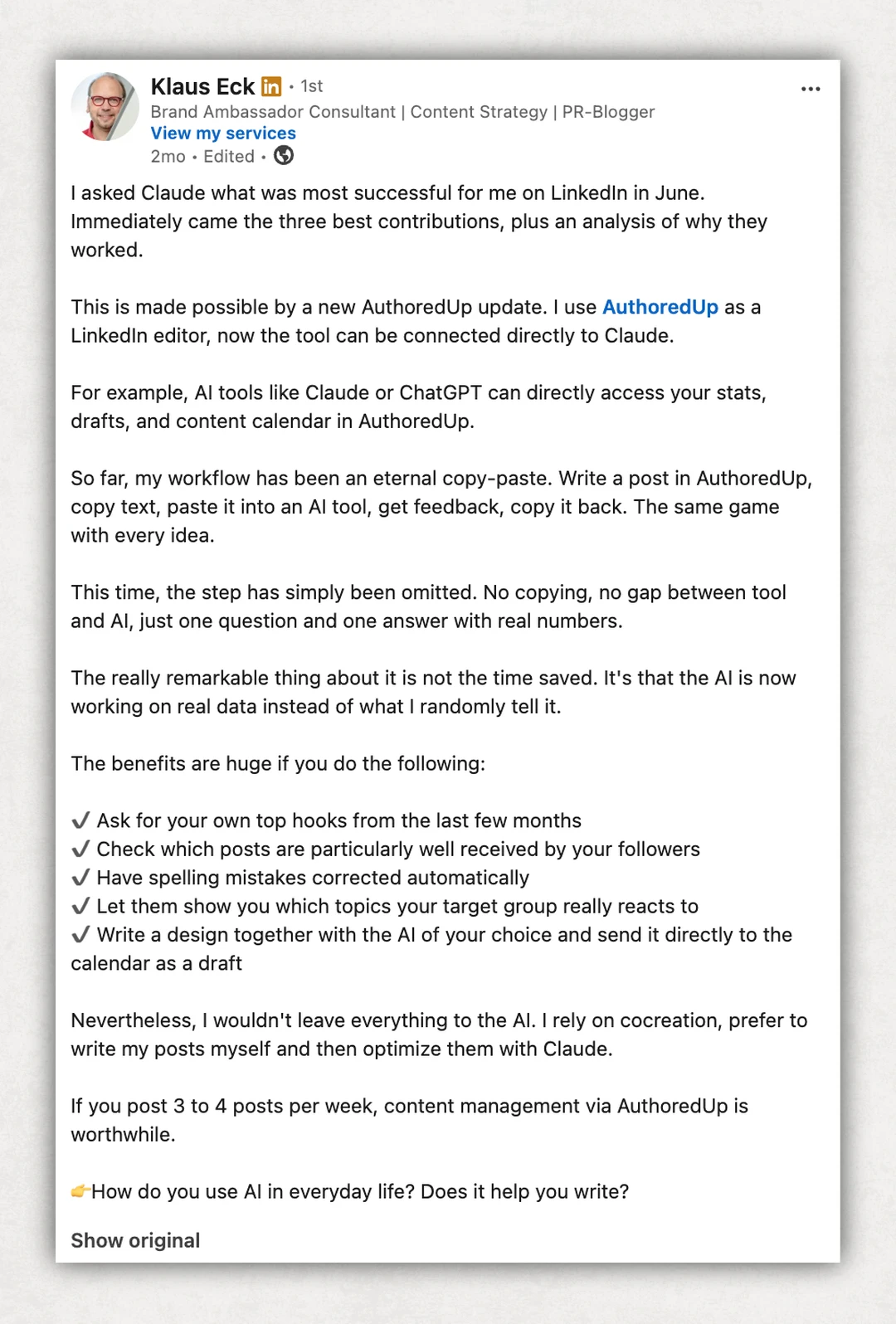 LinkedIn post by Klaus Eck about using AuthoredUp with Claude