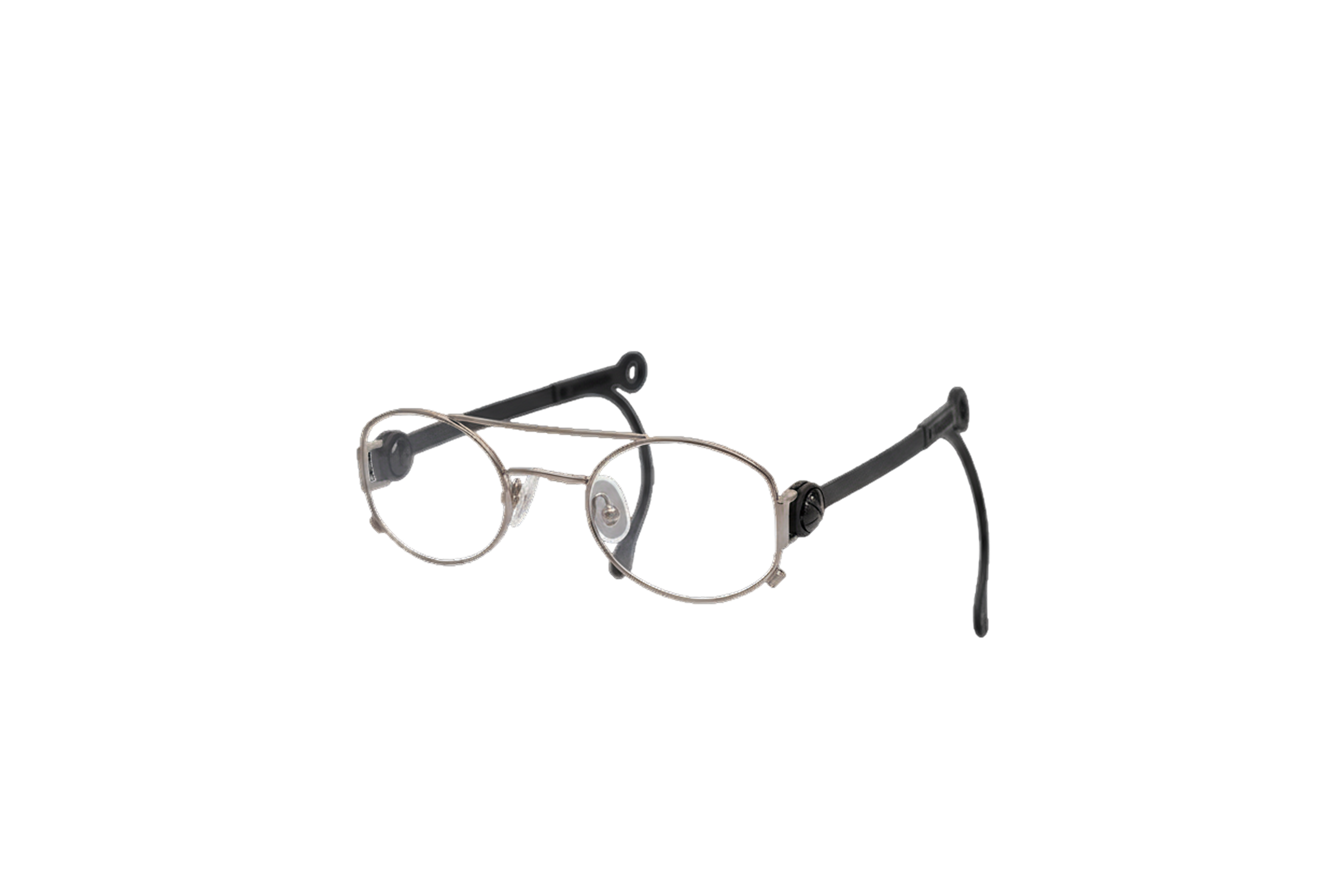 Pair of round eyeglasses with silver metal frames and black temple arms.