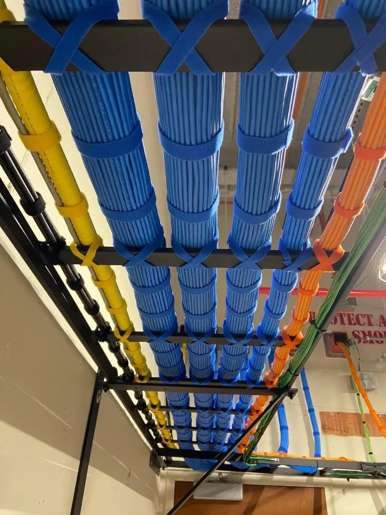 Cat6 cable bundles on ladder rack