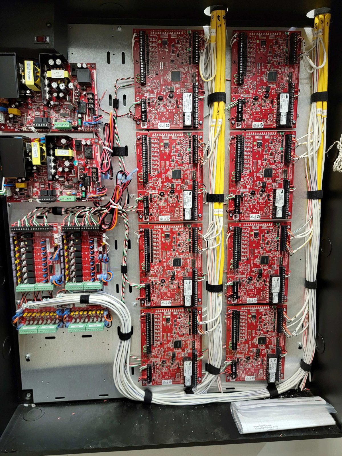 Access control panel installed by SmartComm, with door controllers, power supplies and dressed cabling