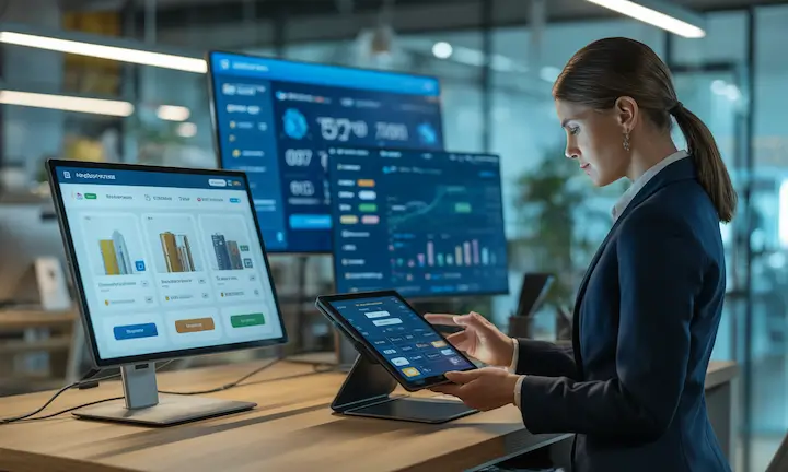 a business woman analyzes several screens for key data