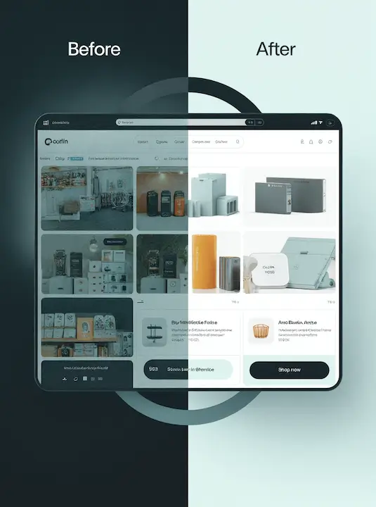 a stylized Before and After photo of an online shopping page