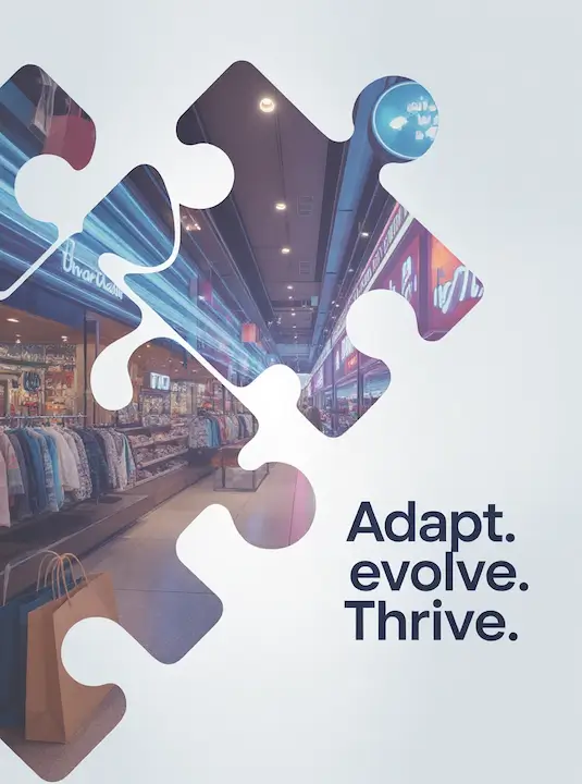 Adapt. evolve. Thrive. Three big jigsaw puzzles with modern retail store images