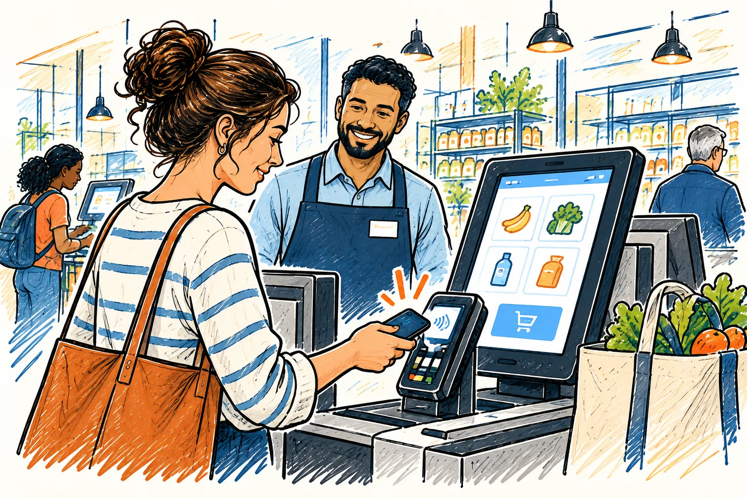 Sketch of a shopper tapping a phone to pay at a grocery self-checkout as an associate smiles nearby