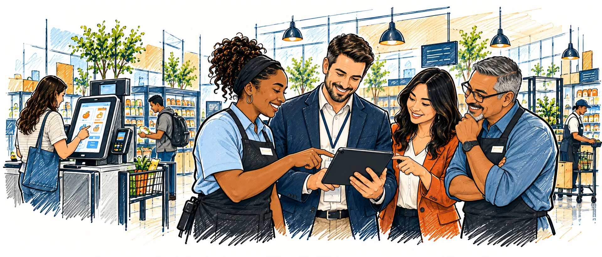 Retail team reviewing store technology together