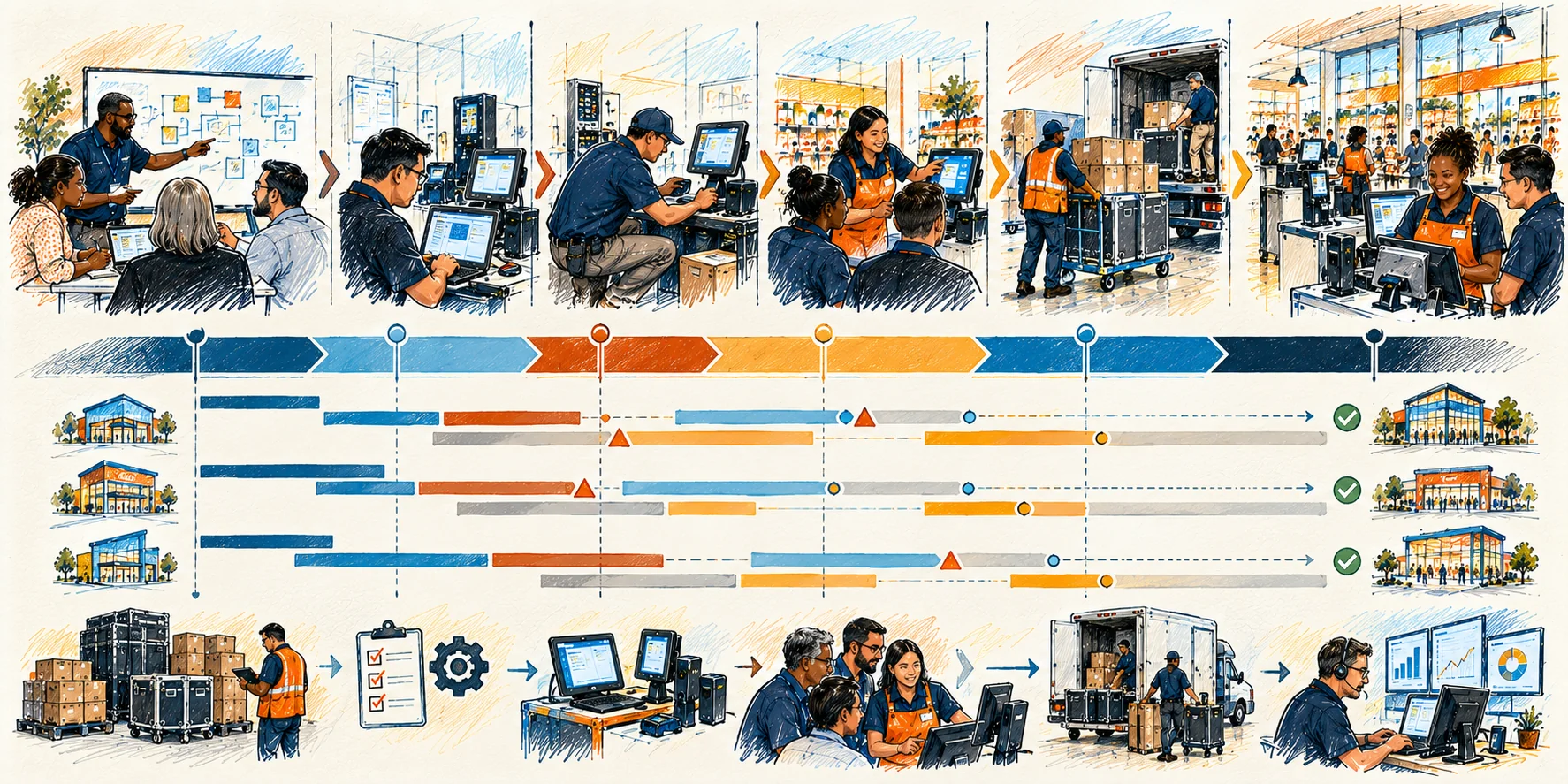 Hand-drawn current-state to future-state retail technology architecture diagram