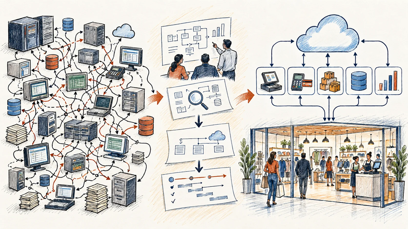Hand-drawn current-state to future-state retail technology architecture diagram
