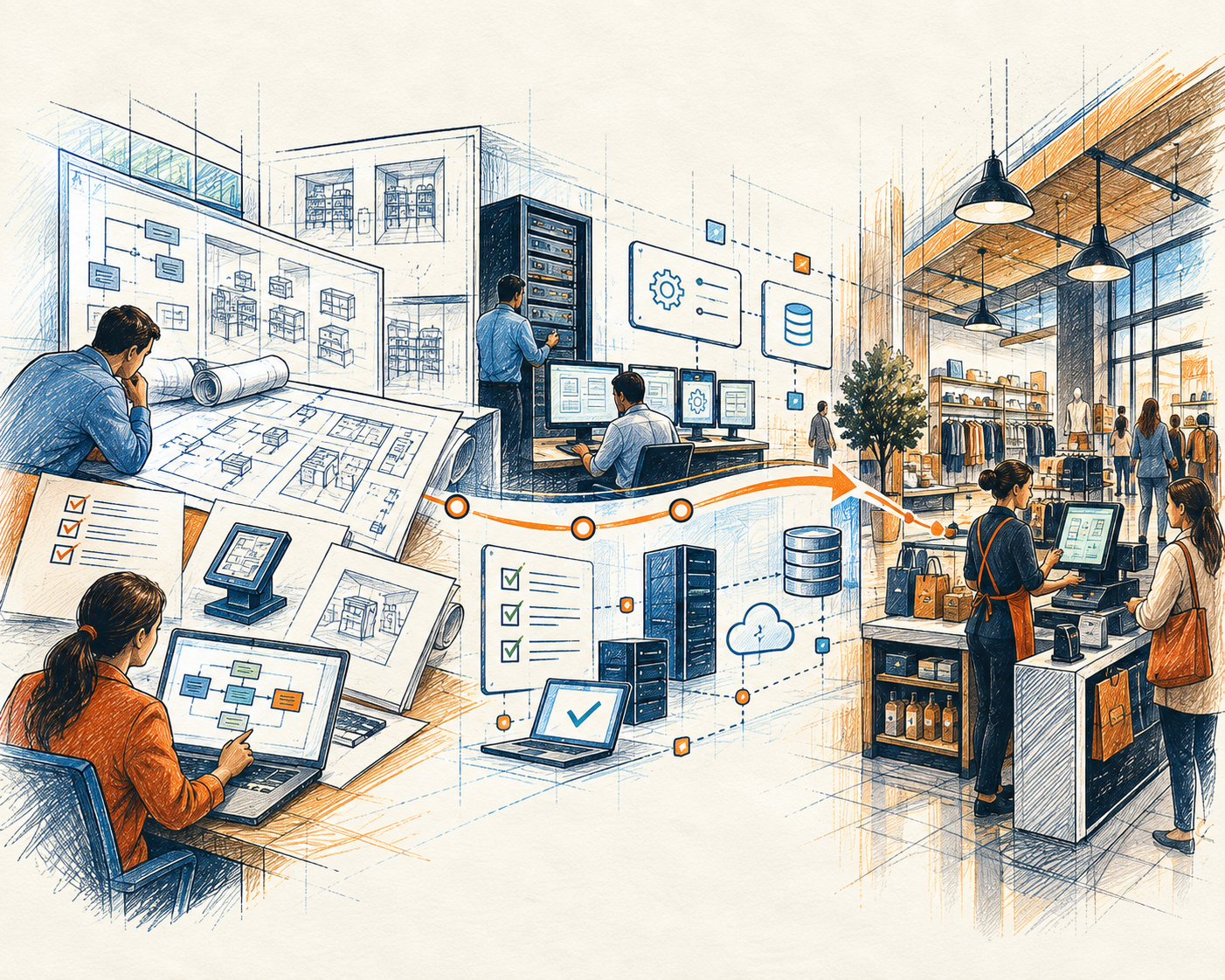 Hand-drawn illustration of retail technology implementation